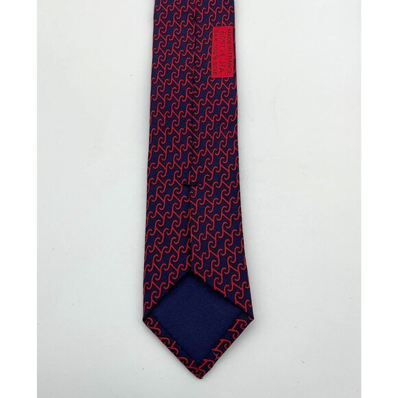 Hermes-Paris Hand Sewn Silk Twill Red & Blue Scroll 'H' Print Mens Tie - Picture 6 of 9